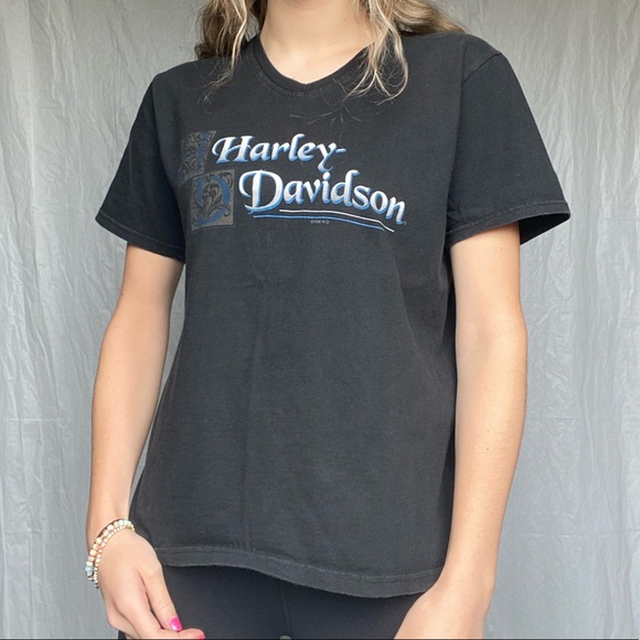 Harley Davidson 1998 Vintage Rare Medium Black Short Sleeve V-Neck Shirt - Picture 5 of 7